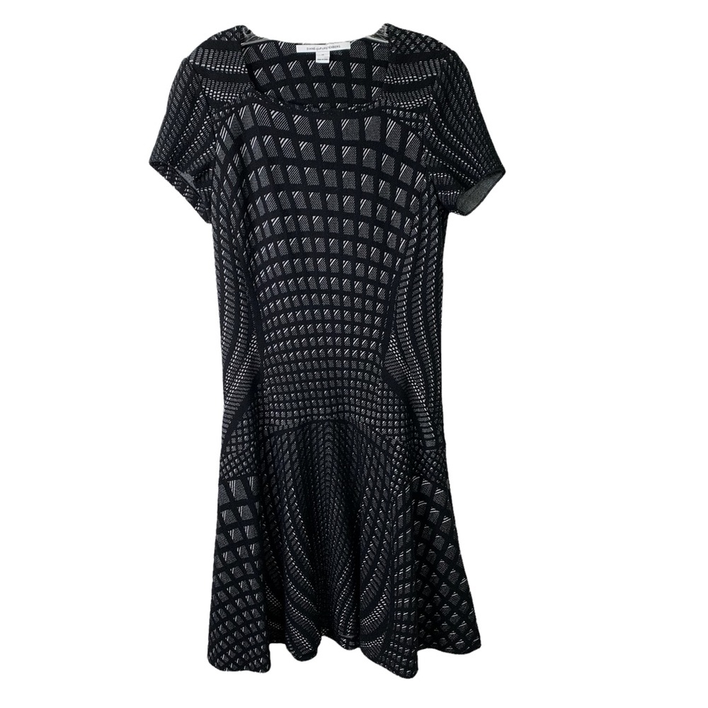 Diane Von Furstenberg Black and Gray Geometric Knit Fit-and-Flare Dress